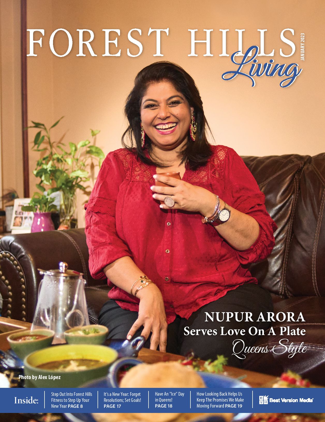 Cover image of Forest Hills Living magazine. Woman on couch. 